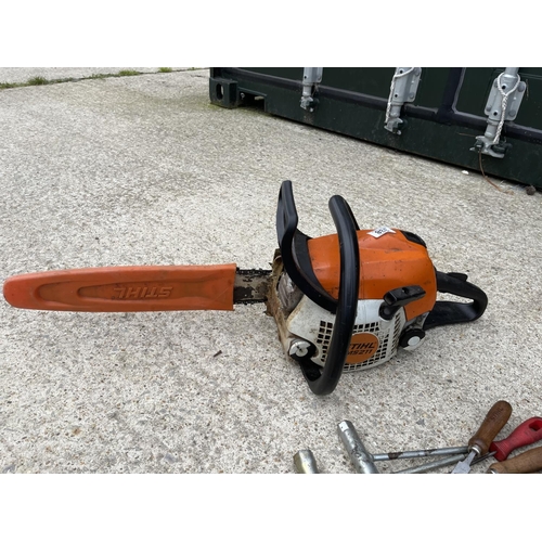 338 - Stihl ms211 chainsaw with sharpening files and trousers