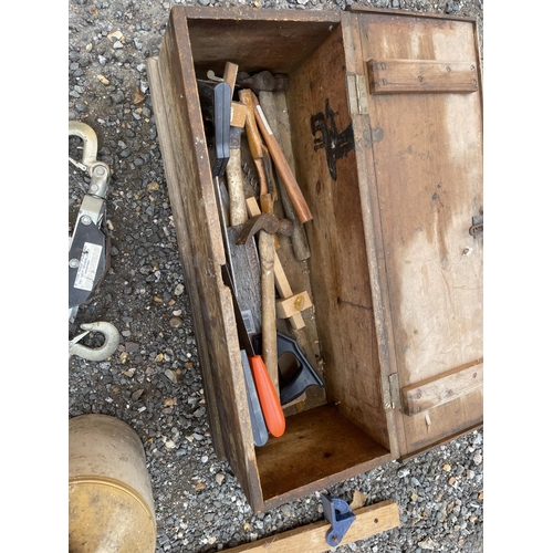 40 - Toolbox, jug, 3 sash cramps and fence puller