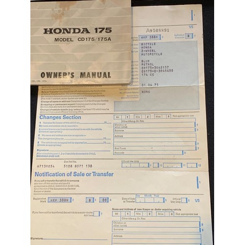 450 - HKP 388N - Honda CD 175, first registered 1/4/75. One registered keeper from new, now SORN,V5 presen... 