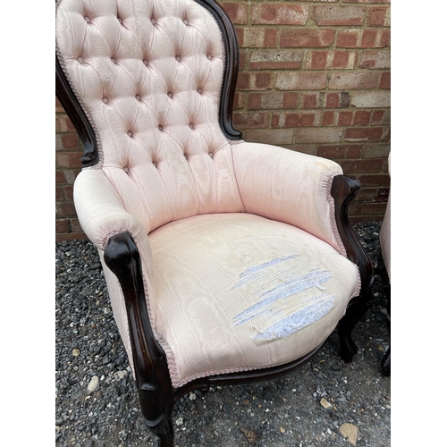 1 - A pair of victorian pink upholstered salon chairs with carved mahogany frames