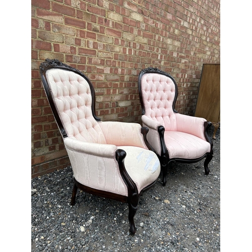 1 - A pair of victorian pink upholstered salon chairs with carved mahogany frames