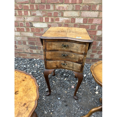 11 - A small walnut chest of three together with a walnut pie crust occasional table, a wine table and an... 