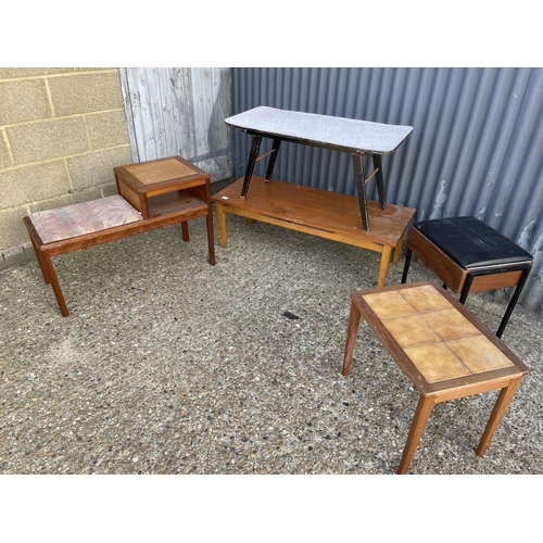 112 - Three retro coffee tables, sewing box, Danish tile top table and hall seat