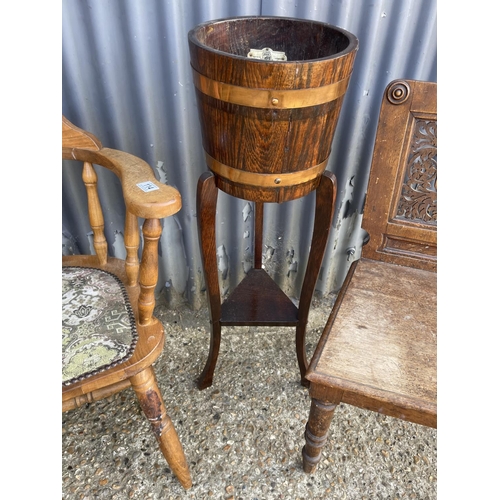 114 - A smokers bow back carver chair, coppered wine cooler and a hall chair