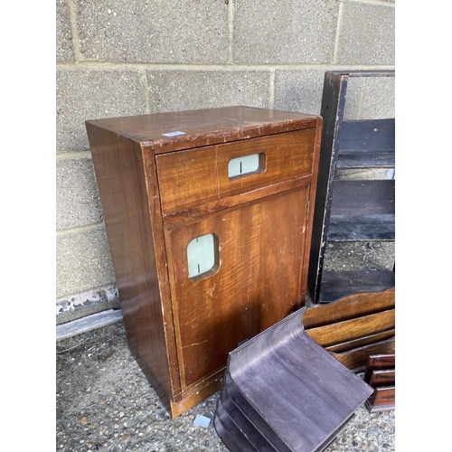 115 - Vintage office cupboard, pine shelf and three stationery racks