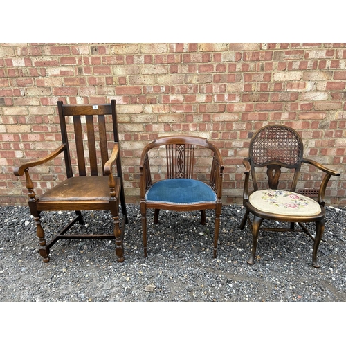 12 - An oak carver chair, an inlaid salon chair and a tapestry seat chair