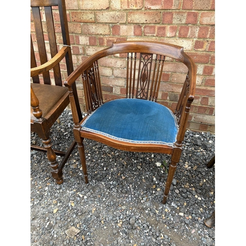 12 - An oak carver chair, an inlaid salon chair and a tapestry seat chair