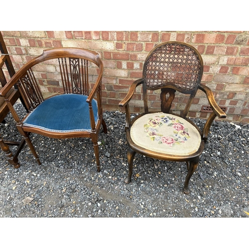 12 - An oak carver chair, an inlaid salon chair and a tapestry seat chair