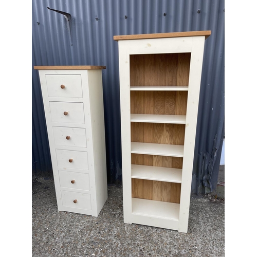 125 - A modern painted pine tallboy chest of six together matching open bookcase