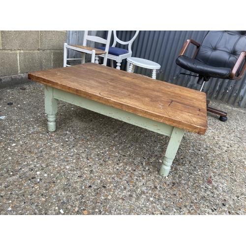 129 - A french style painted pine coffee table, two painted chairs, painted stool and office chair