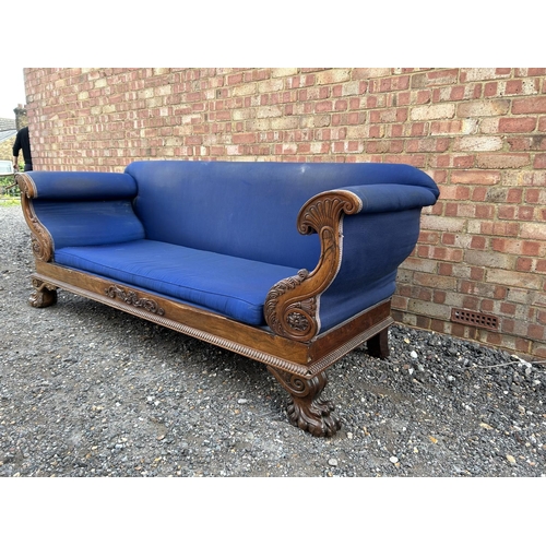 21 - A large William IV rosewood sofa upholstered in blue 230x80x86