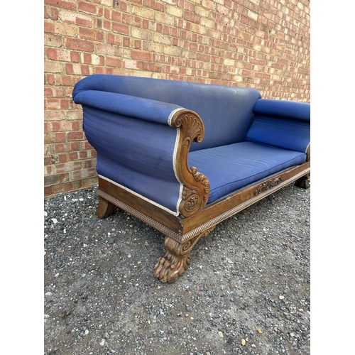 21 - A large William IV rosewood sofa upholstered in blue 230x80x86