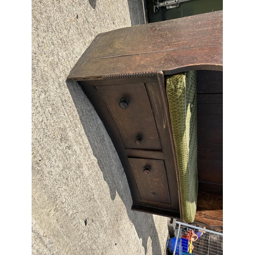 291 - An oak barrel back bench seat with two drawers 157x41x194