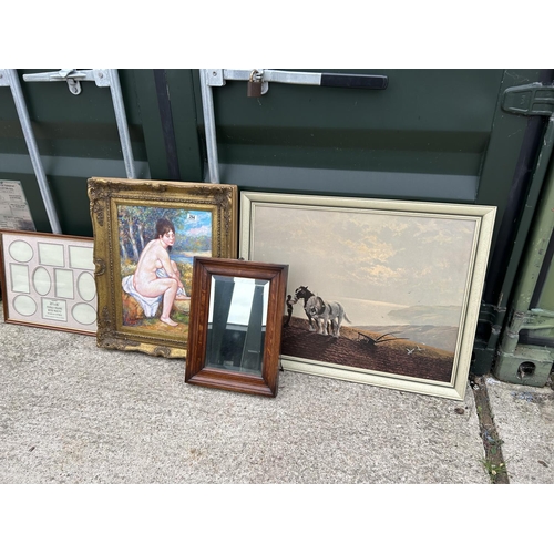 294 - An oil, oak framed mirror and picture and a frame