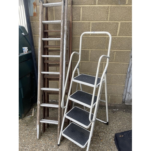 419 - Step ladder and two wooden extending ladders