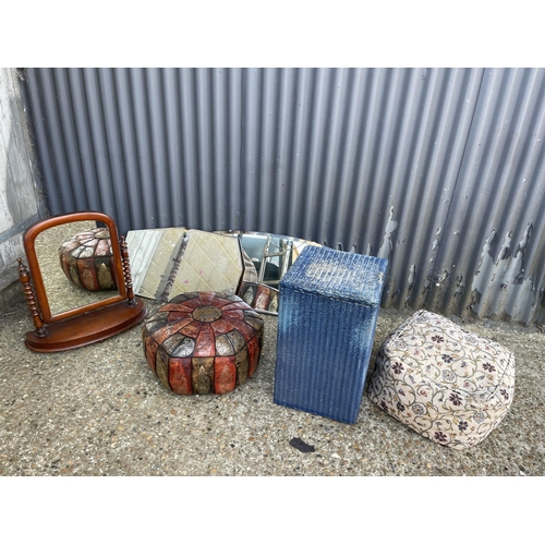 76 - A Victorian swing mirror, two frameless mirror, linen box and two pouffe