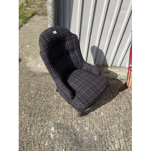 85 - A newly upholstered button back bedroom chair in grey tartan pattern