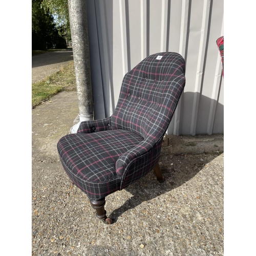 85 - A newly upholstered button back bedroom chair in grey tartan pattern