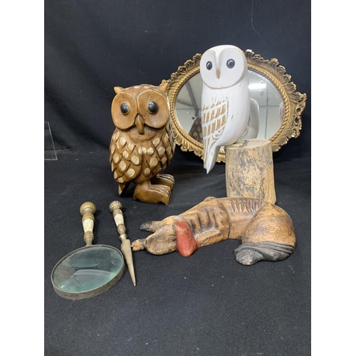 1046 - Mirror, wooden figures and desk set, plus wooden jewellery box(not shown)