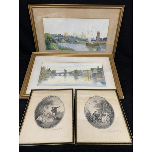 1049 - Watercolour of Castle Signed Will Longstaff, Watercolour of Bridge Signed Robert Winter and two sign... 