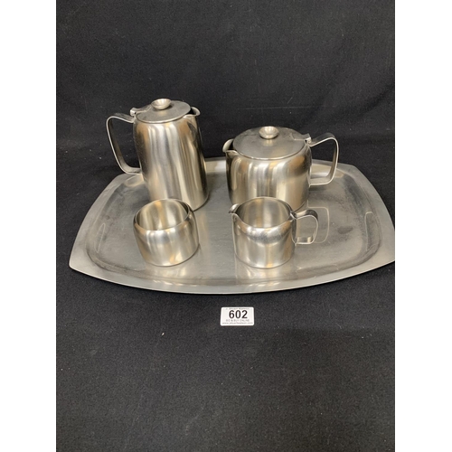 602 - Old Hall 4 piece stainless teaset and matching tray in good condition