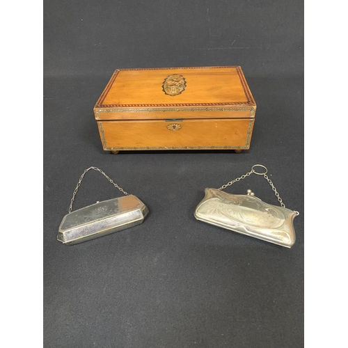 604 - 2 Edwardian ladies evening purses, each marked EPNS and Olive wood workbox