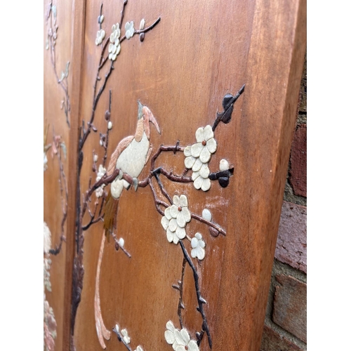 13 - A set of four Chinese carved soapstone inlaid wooden wall panels c.1920 36.5 x 155cm.