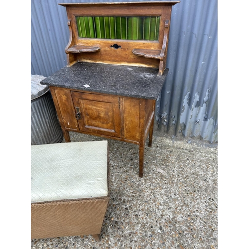 147 - A washstand, loom style box and a galvanised bin