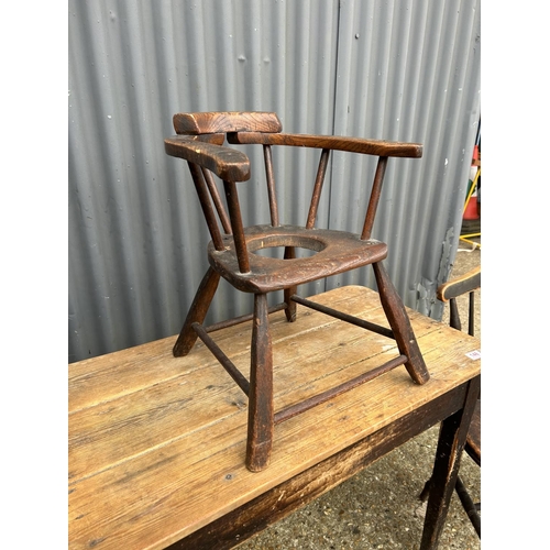 148 - A vintage country pine table, two chairs and a childs chair