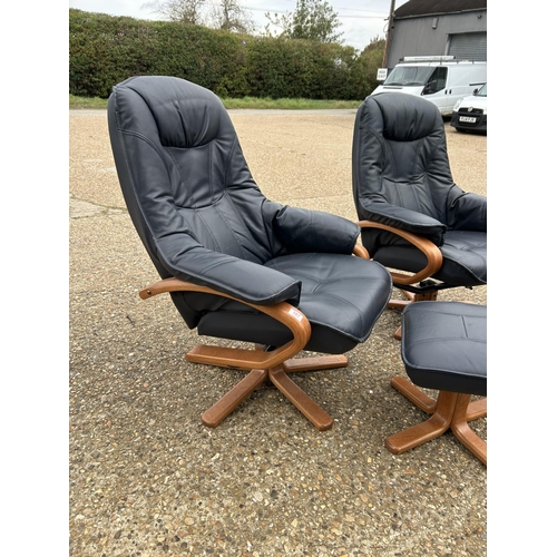 187 - A pair of Norwegian blue leather reclining easy chairs with footstools market SOMO