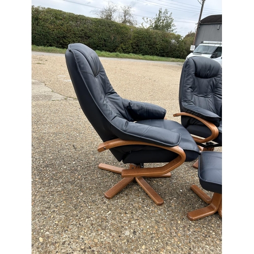 187 - A pair of Norwegian blue leather reclining easy chairs with footstools market SOMO