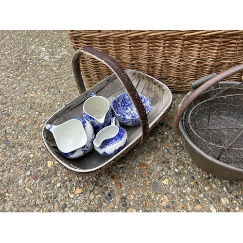 235 - Large wicker basket, brass pan, trug, and blue and white china