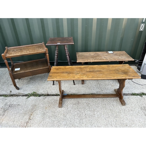 24 - Oak bobbin table, oak trolley and two oak coffee tables