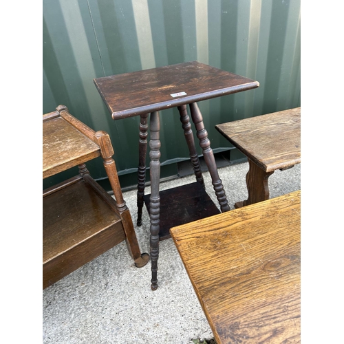 24 - Oak bobbin table, oak trolley and two oak coffee tables