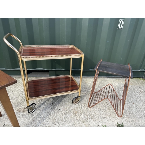 286 - A vintage tea trolley together with metal framed stool and a small square coffee table