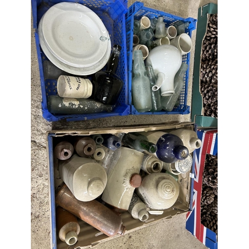 407 - Three trays of vintage stoneware and glass bottles together with two trays of decorative pine cones