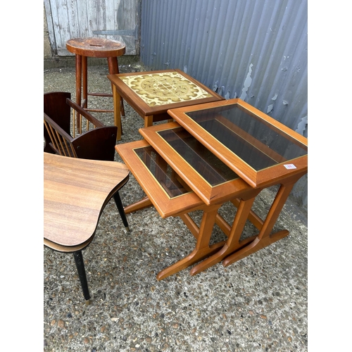 66 - A teak nest of three, two retro tables, lab stool and magazine rack