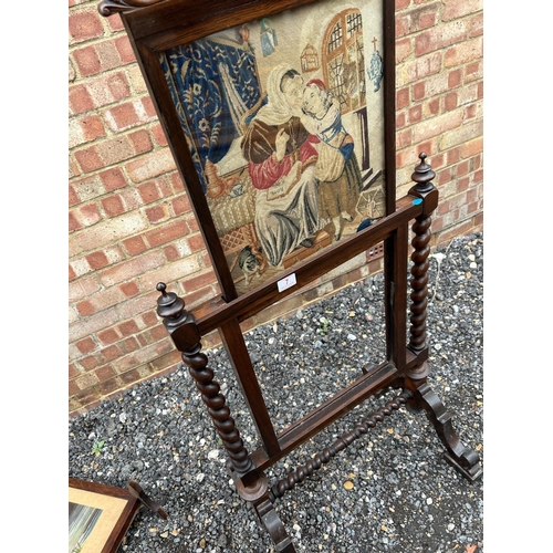 7 - A victorian rosewood fire screen with removable glazed tappestry panel, together with two other oak ... 