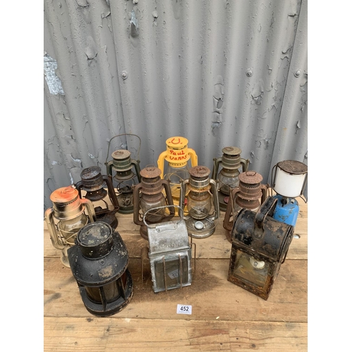 452 - 8 Hurricane Lamps, 2 Ships Lamps, cart lamp and gaz lamp