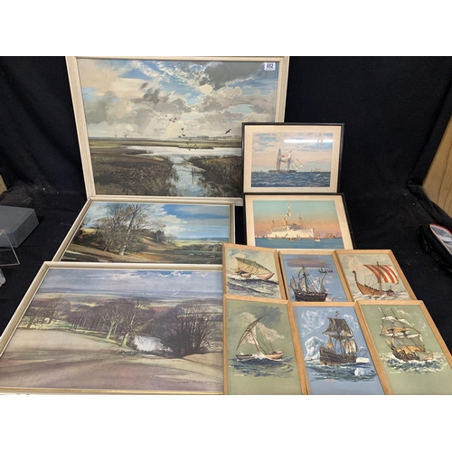 652 - 3 Rowland Hilder prints, and collection of sailing prints