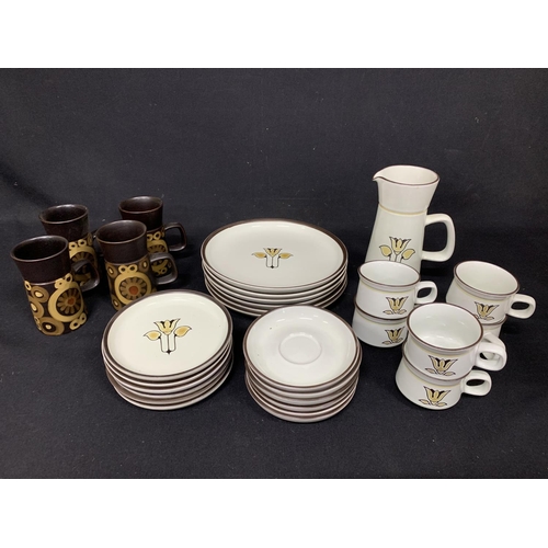 672 - Vintage 1970's Denby Tulip dinnerware 25 pieces and 4 Denby Arabesque Mugs