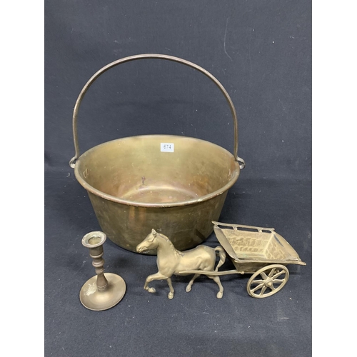 674 - Large brass preserving pan, diameter 37cms, Horse Figure and candle stick