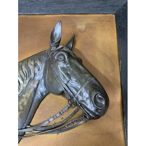 849 - Pair of Framed metal horse plaques, Signed, size 34 x 42 cms