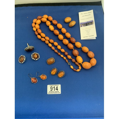 914 - Amber Necklace and Earrings, plus Silver Mounted Amber Jewellery