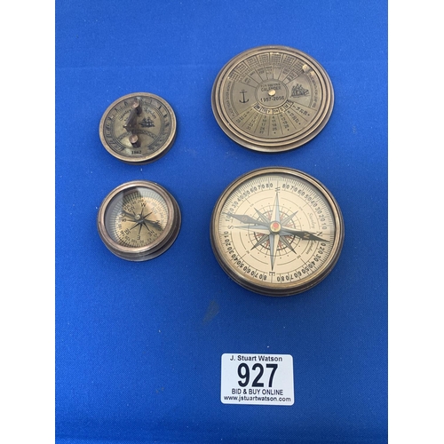 927 - Two brass compasses marked Stanley