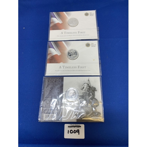 1009 - Three 2013 UK £20 Fine Silver Coins, Total weight 47.13 gms