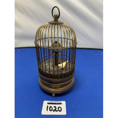 1020 - Novelty Brass Bird Cage Clock, height 14 cms, running