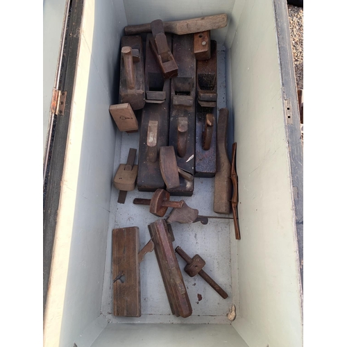 458 - Wooden box and collection of wooden planes and marking gauges