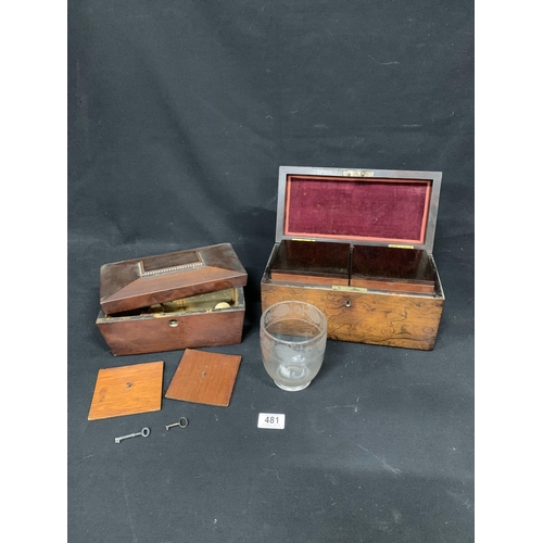 481 - Rosewood two compartment tea caddy with brass carrying handle and one other mahogany caddy a/f, etch... 