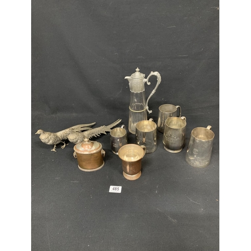 485 - Claret Jug, pair of metal pheasants, Sheffield plated Caddy and 6 Tankards